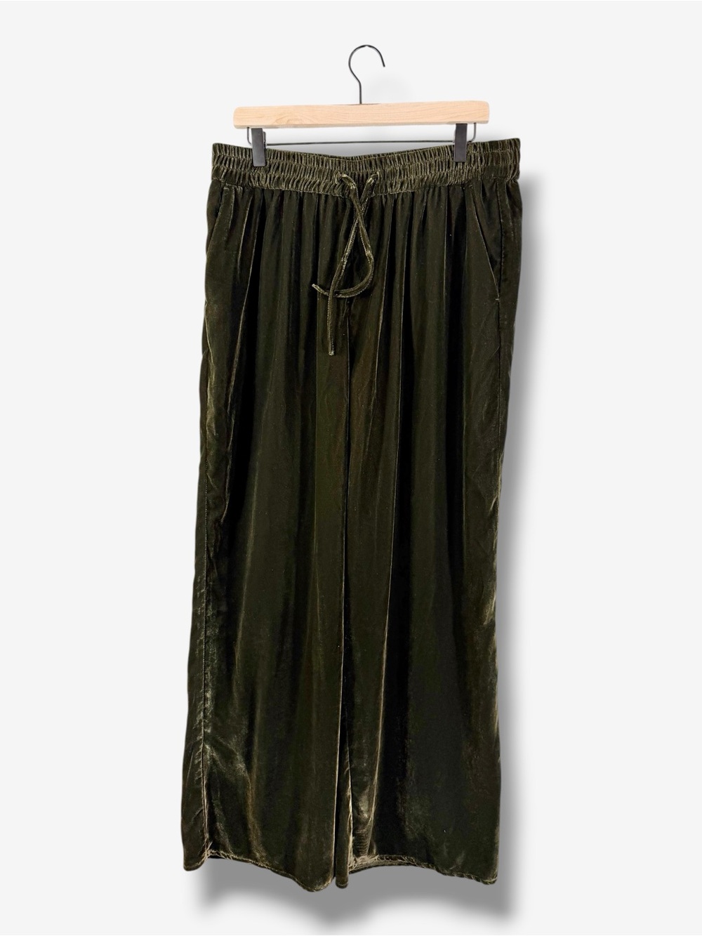 River Island Dark Green Velvet Wide Leg Drawstring Pants US 12 Holiday Occasion